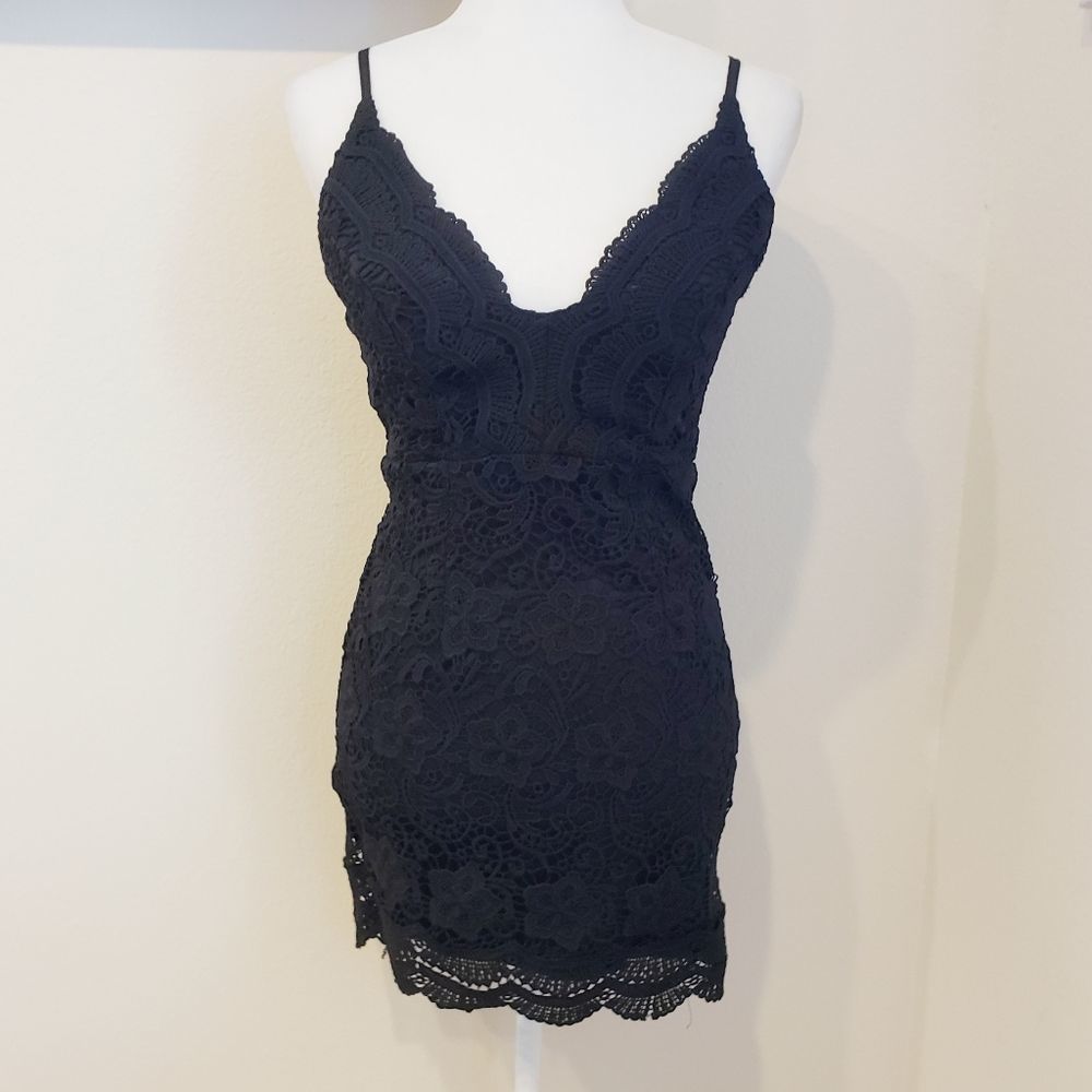 LF Rumor Boutique Black Crochet Lace Up Dress